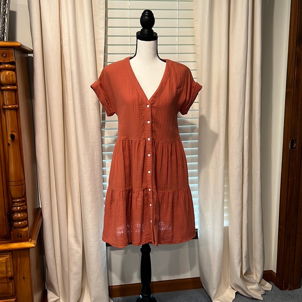 Madewell Cuff-Sleeve Button-Front Tiered Mini Dress